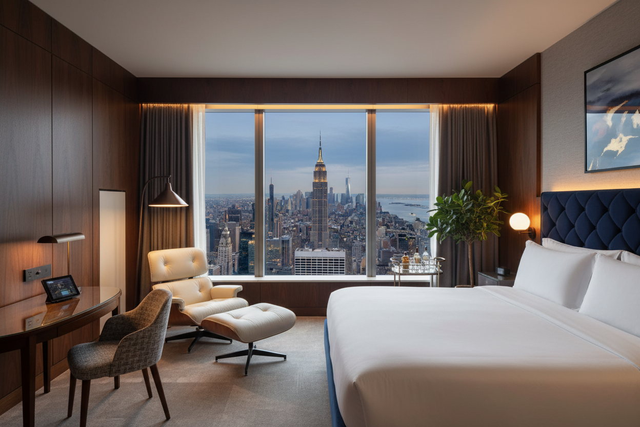 Luxury Manhattan hotel room with city skyline views