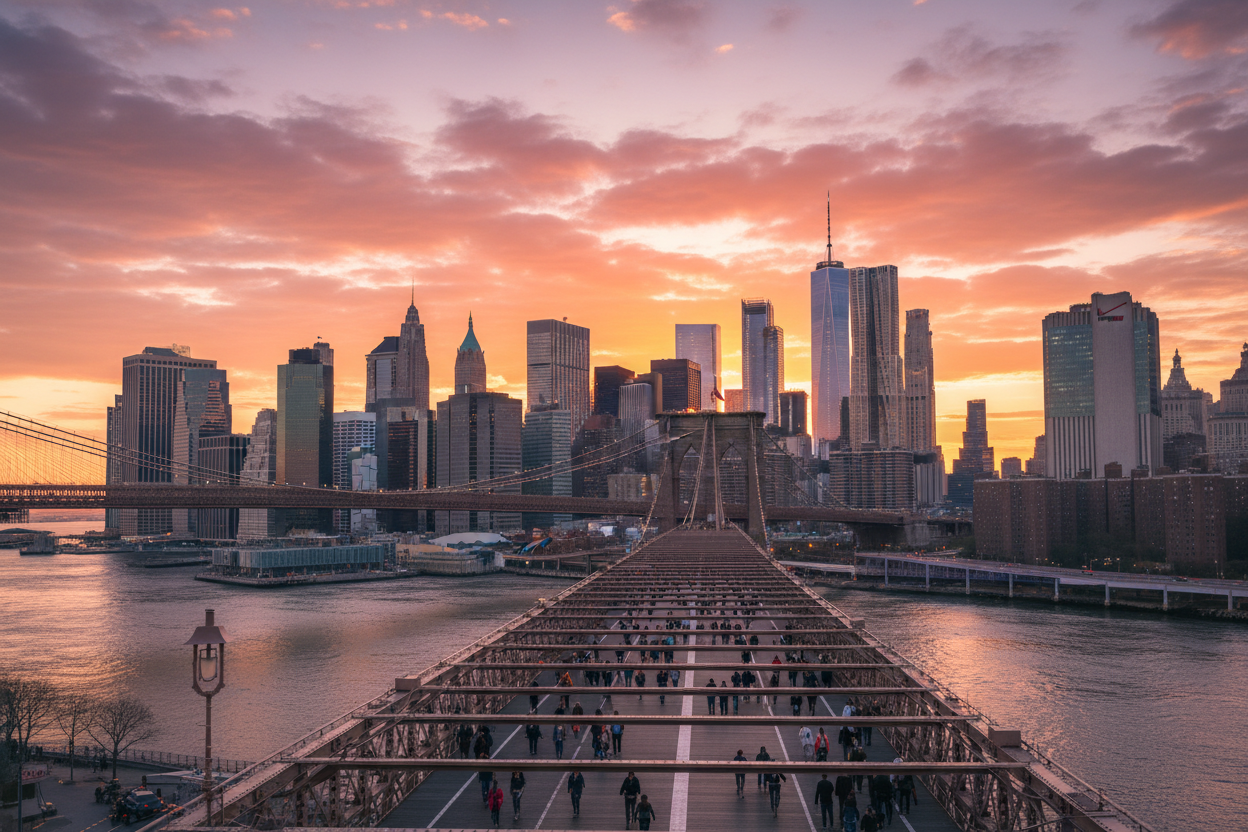 New York City skyline at golden hour with Brooklyn Bridge