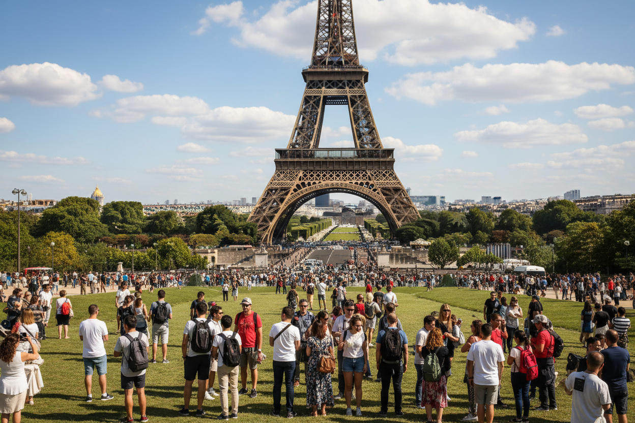 Tourists at the Eiffel Tower in Paris France